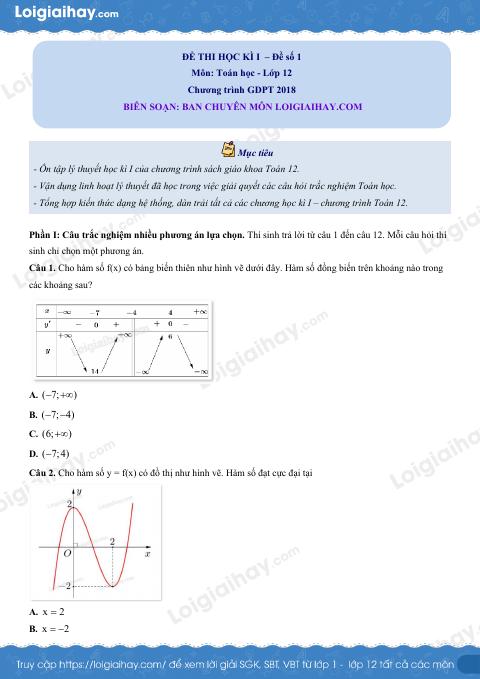 Đề thi học kì 1 Toán 12 Cánh diều - Đề số 1